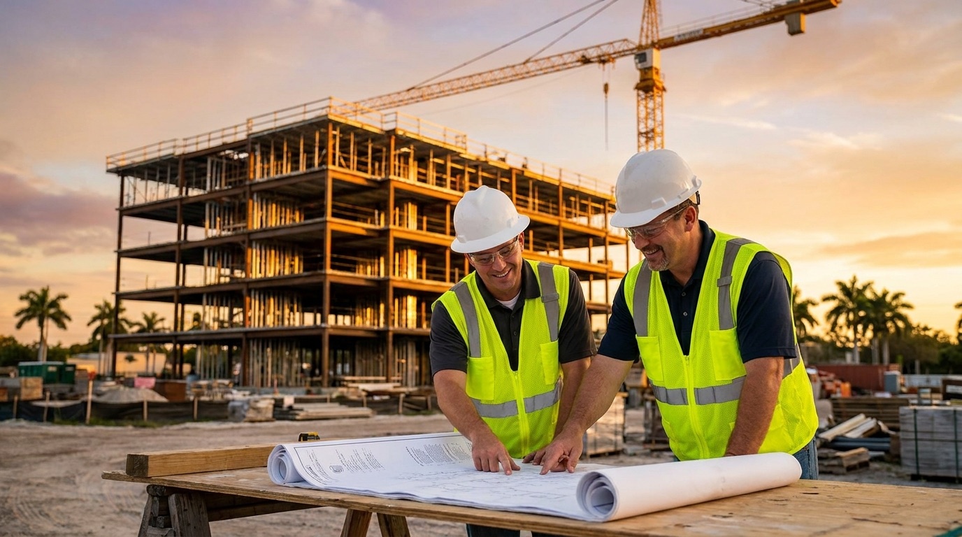 Trabajadores de construcción revisando planos en una obra en Florida